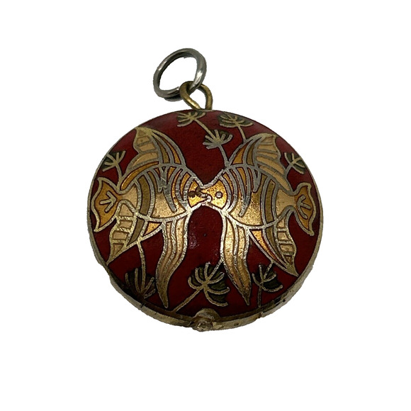 Vintage Cloisonné Fish Design Red Gold Puffy Double Side Pendant Necklace - Picture 1 of 11